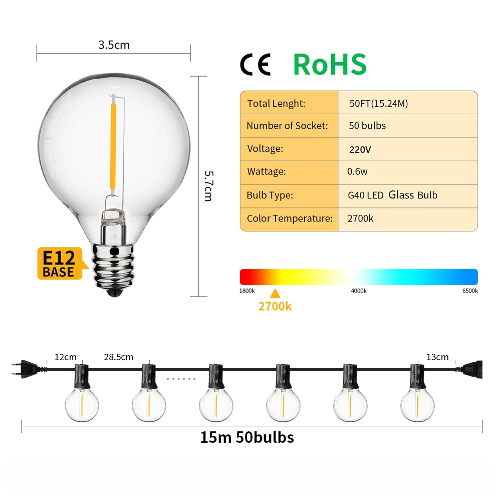 Ciepły biały 50ft E12 podstawa G40 LED wróżka girlanda żarówkowa 50 Globe żarówki wodoodporne do Patio ogród oświetlenie podwórku