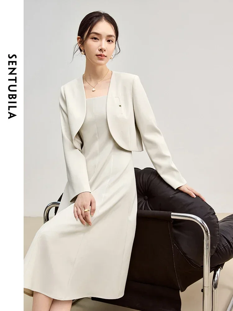 SENTUBILA Office Lady Slim 2 Piece Dress Set Women 2024 Autumn Sleeveless Vest Dress Shoulder Pads Short Jacket Set 143Z56089