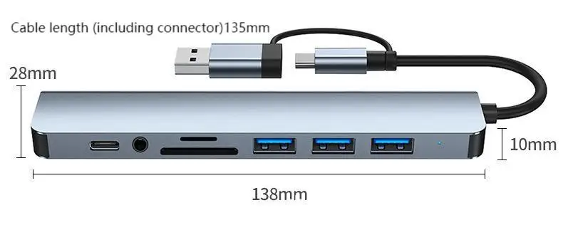 Type-c & USB A two interfaces 8-in-1 SD/TF hub extender multi-function docking station