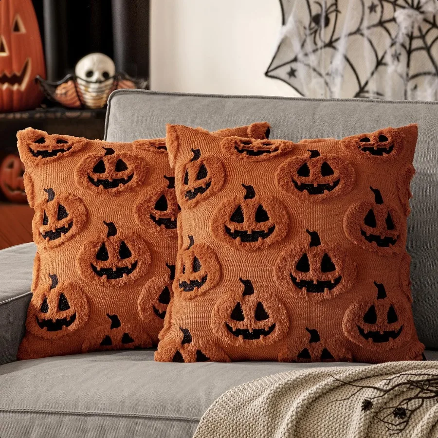 

Fall Halloween Throw Pillow Covers 20x20 Decorative Pumpkin Pattern Pillowcases Soft Plush Faux Wool Cushions for Home Patio So