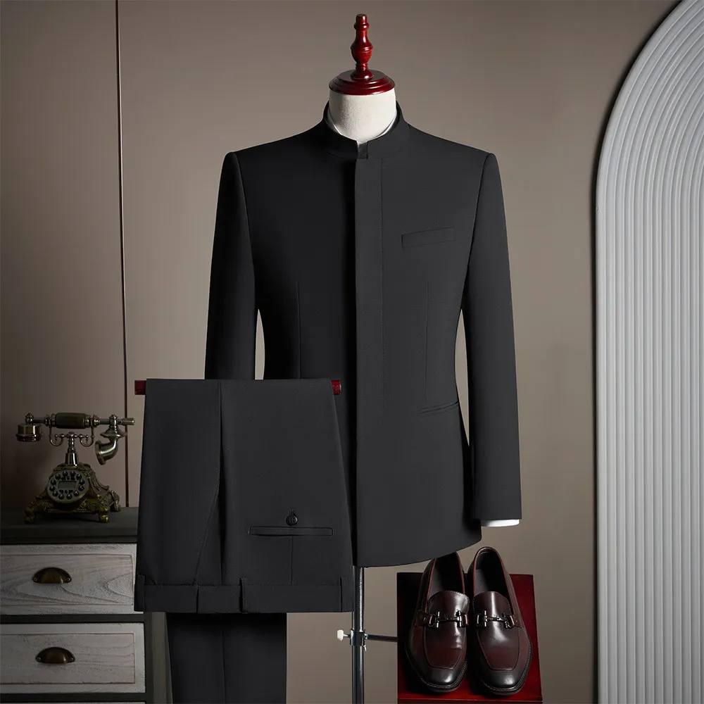 

High-quality dark lapel men's suit and jacket set with Chinese-style upright collar and two-piece set in traditional Chinese sty