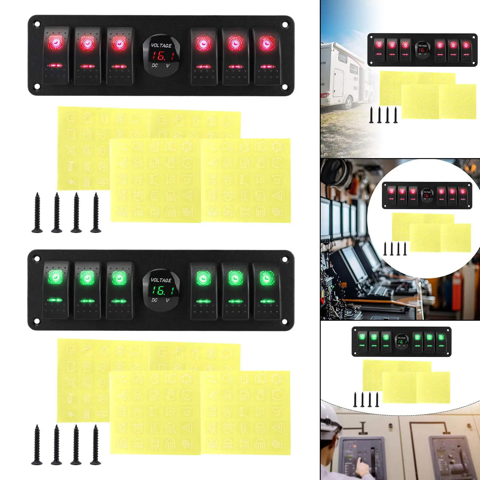 

6 Gang Rocker Switch Panel, Voltage Display Multipurpose Easy to Install with