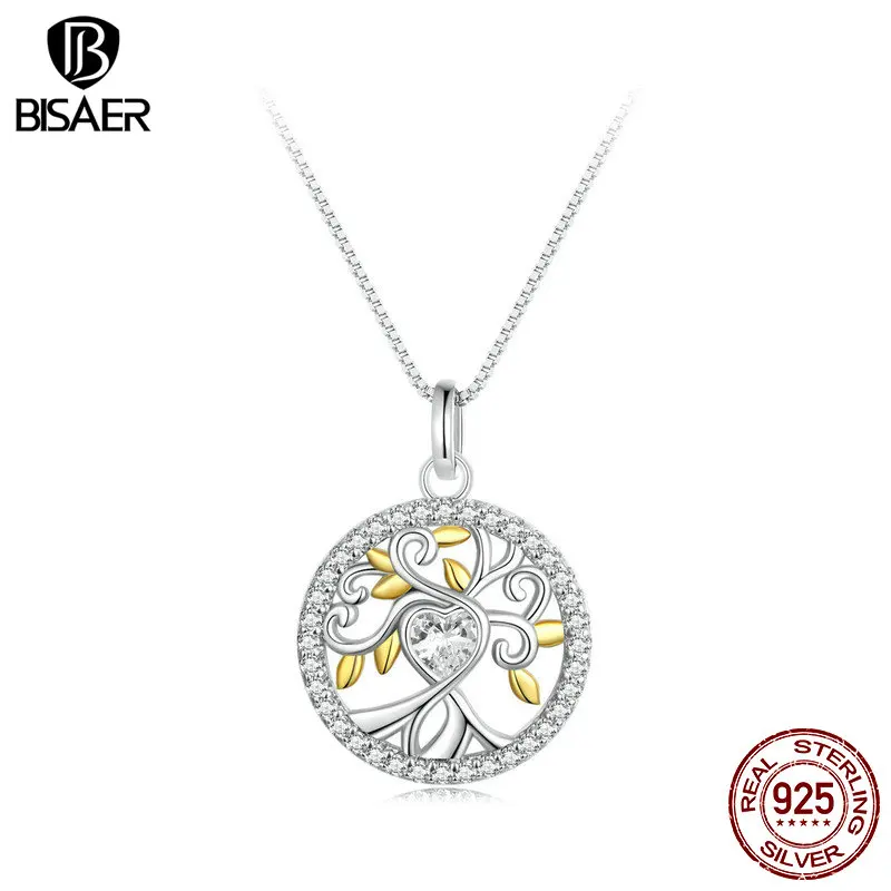 BISAER 925 Sterling Silver Tree of Life Pendant Necklace Heart Zircon Adjustable Chain Plated Platinum for Woman Fine Jewelry