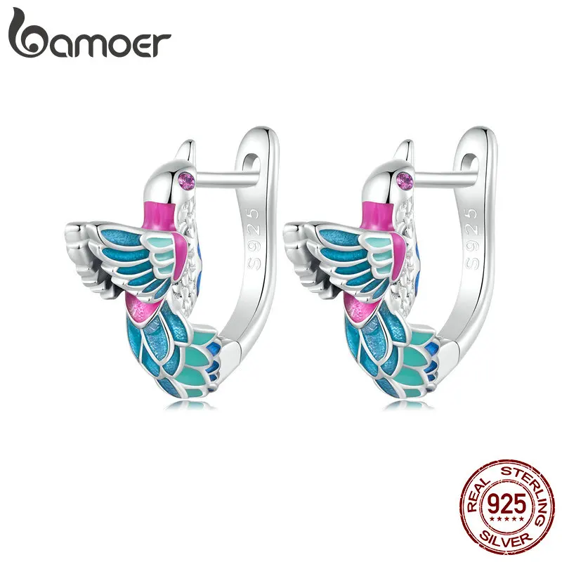 Bamoer 925 Sterling Silver Colorful Enamel Kingfisher Hoop Earrings Bird Ear Buckles for Women Trendy Fine Jewelry