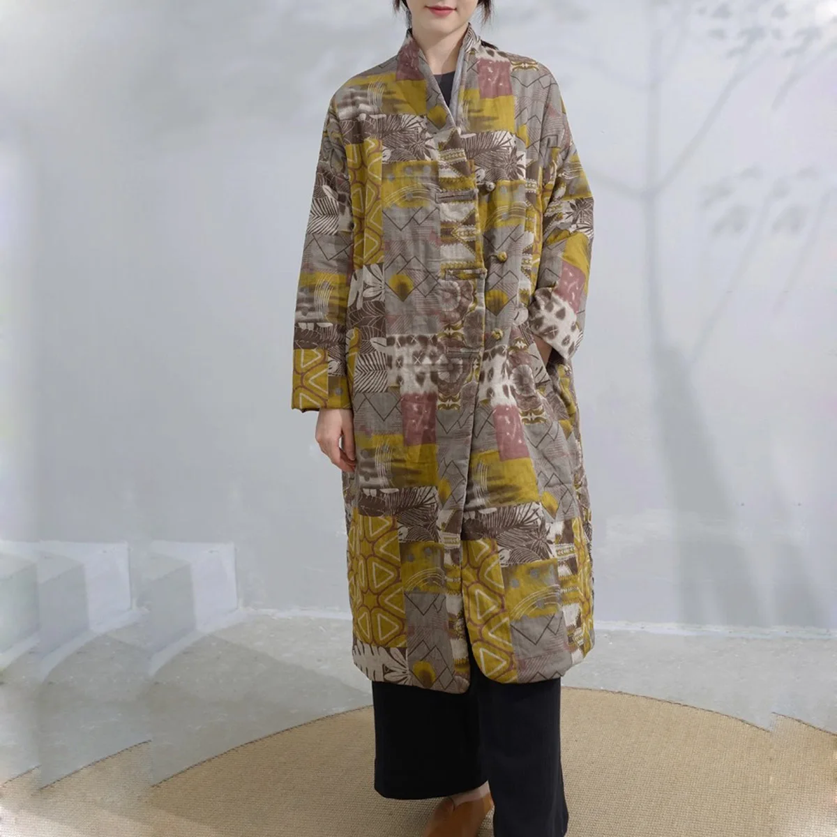 

Осенне-зимняя стеганая длинная куртка Hanfu, кимоно, женское винтажное легкое свободное богемное пальто с абстрактным принтом и карманами