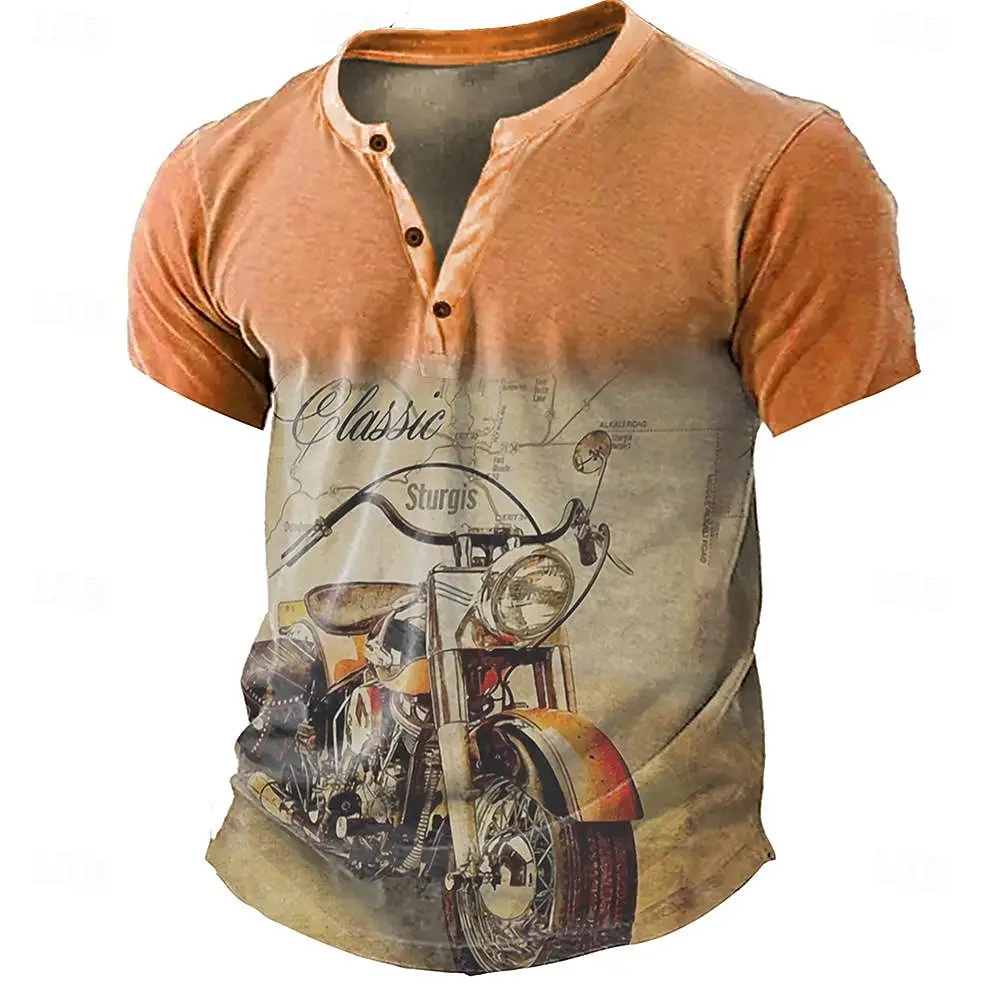 Vintage Henley Shirt For Men Short Sleeve Tee 3d Motorcycle Graphic Printed Original Mens T-Shirts Oversized Men\'s Clothing Tops