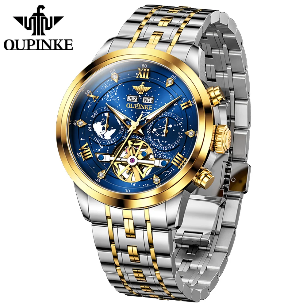 OUPINKE 3255 Mechanical Men Watch Full Diamond Starry Sky Luxury Watches Stainless steel Date Automatic Wristwatch