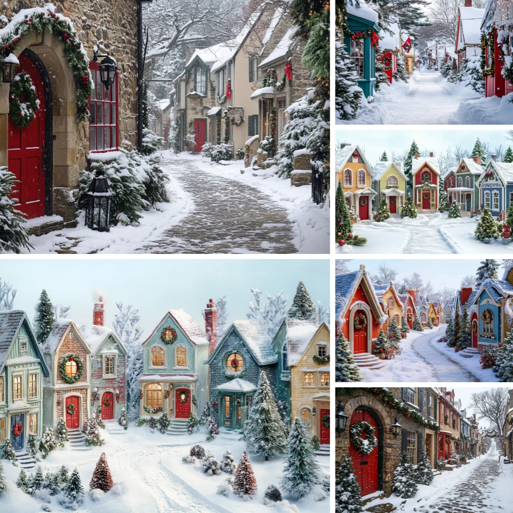 Snow Cobblestone Village Christmas Background Cloth European Stone House Wreath Pine Tree Kid Holiday Family Portrait Photo Prop