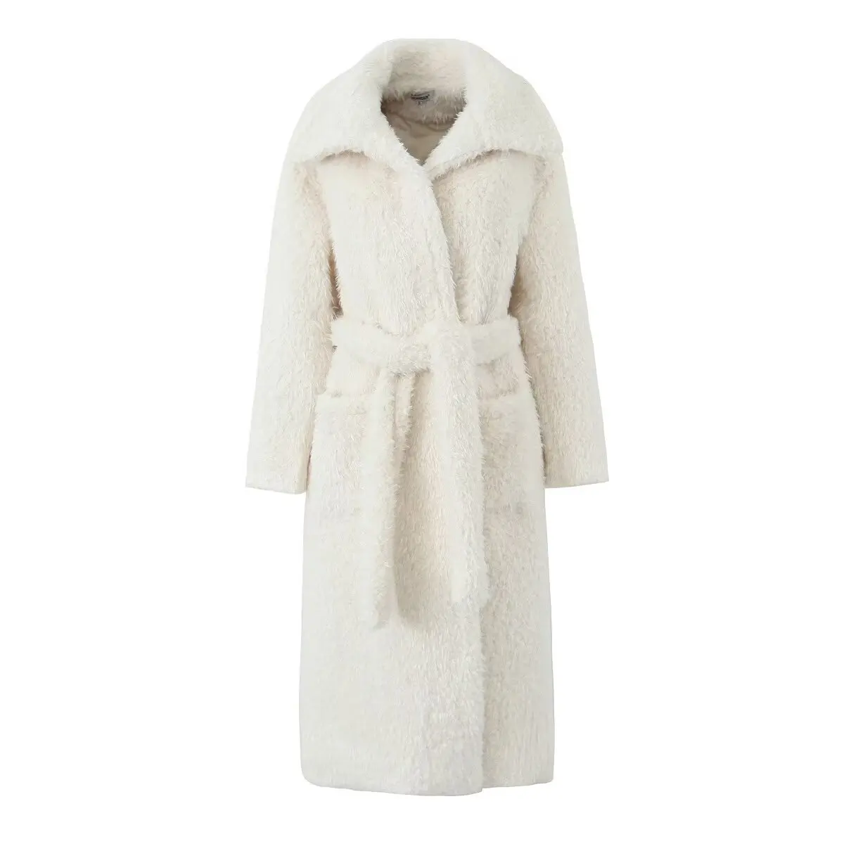 Winter warm long lamb wool coat for women French style niche design with belt fur coat