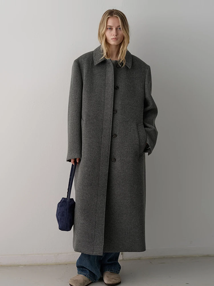 

Теплое шерстяное пальто женское с отложным воротником, из смесовой шерсти, удлиненное, утепленное, осенне-зимнее, новое, простое, с эффектом высокого качества