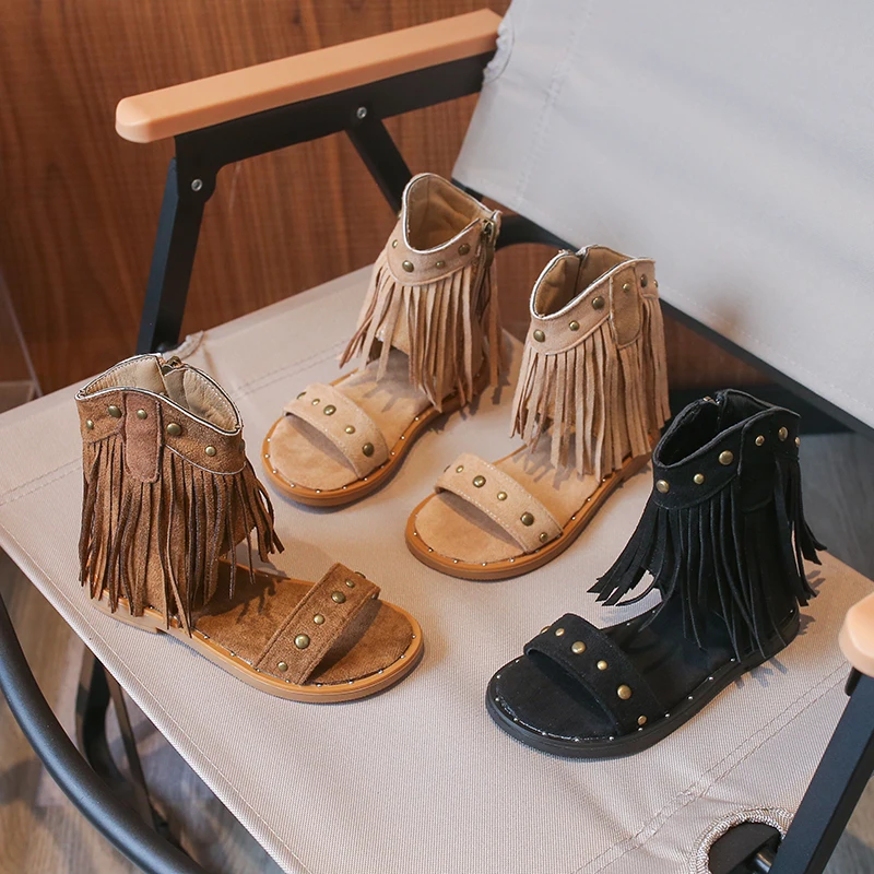 

Little Girls Fringe Detail Sandals 2026 New Summer High-top Beach Shoes Non-slip Simple Classic Boho Style Vacation Daily Wear