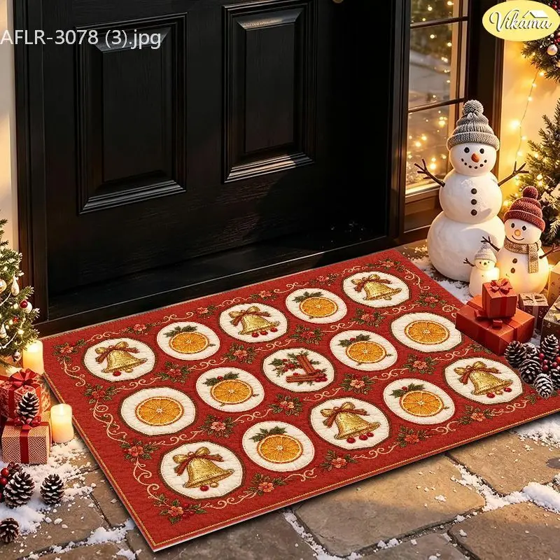 VIKAMA Red Bell Orange Slice Repeat Doormat Non Slip Welcome Floor Mat Front Porch Entryway Outdoor Indoor Xmas Holiday Decor