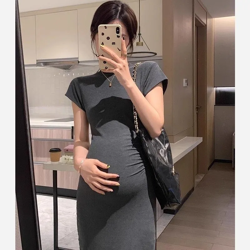 Pregnant Women Dress Long Skirt Ccotton Stretch Pleated Dress Pregnant Women's Skirt Summer Short Sleeved Maternity Dress ZI977