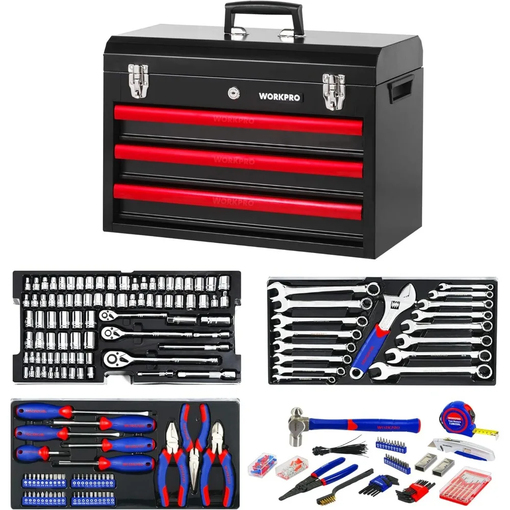 408-Piece Mechanics Tool Set, General Household Home Repair Tool Kit w/3-Drawer Heavy Duty Metal Box, Hand Tool Kit Set 1 Pack