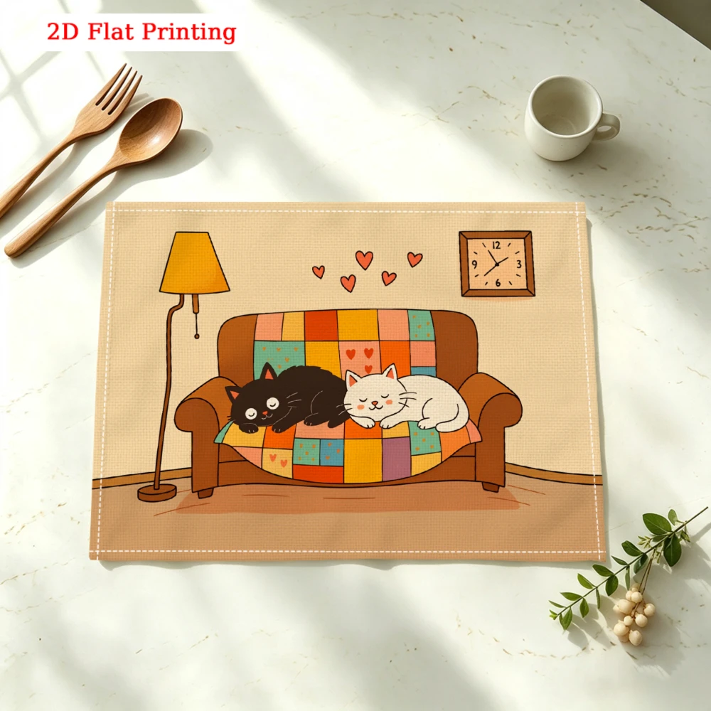 Cats On Sofa Kitchen Placemat Cats On Couch Linen Pad Dish Coffee Cup Table Mat 1PC 30x40cm