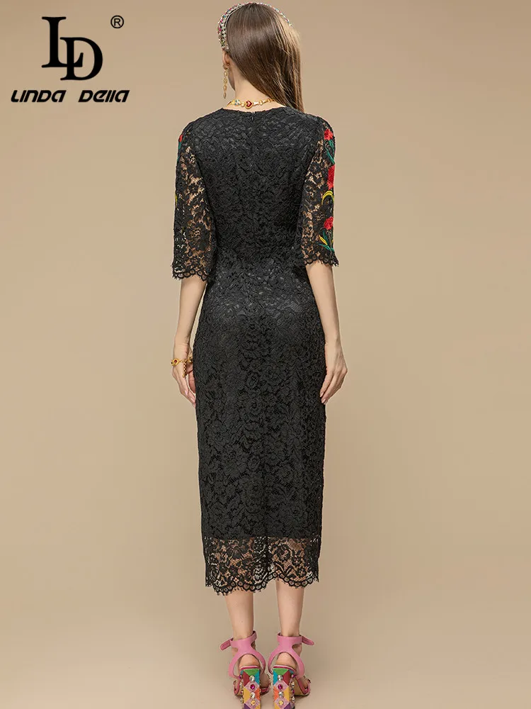 LD LINDA DELLA Runway Designer Summer Party Dress Women's Half sleeve Hollow out Flower Embroidery Black Vintage Party Dress