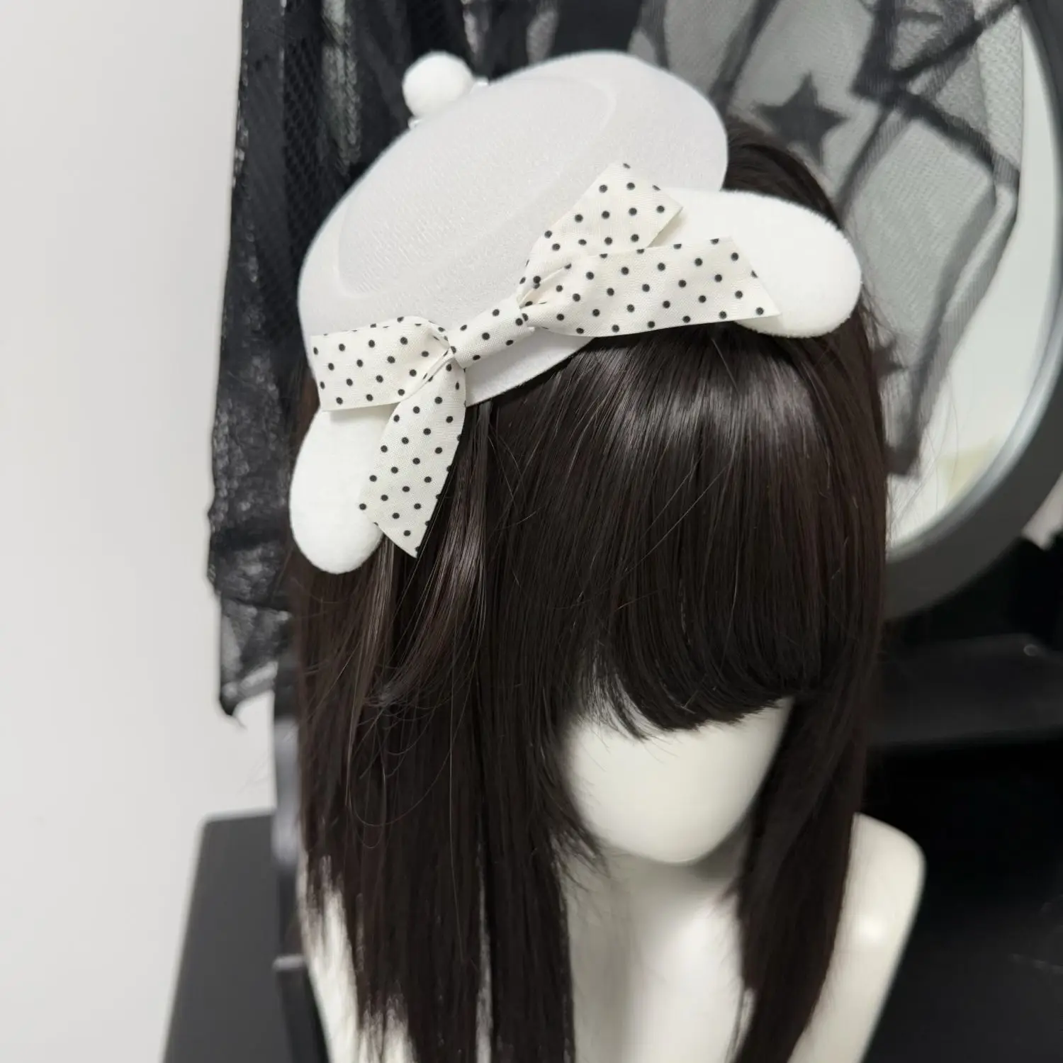 Gothic Punk Retro polka dot Black Bow Haipin Comic-Con Small Top Hat Show Lolita Bunny ears Headwear Accessories