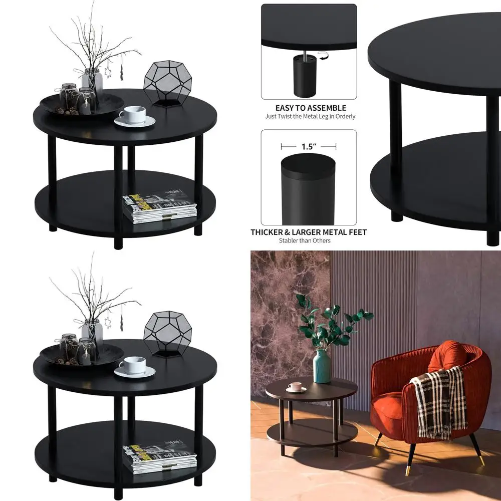 

Компактный черный двухуровневый журнальный столик 23,5 с открытым хранилищем, идеально подходит для небольших жилых помещений, металлические ножки, простая сборка