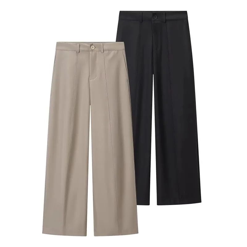 

ZHIO Women Fashion Solid Front Zipper Straight Pants Vintage High Waist Full Length Female Chic Lady Trousers