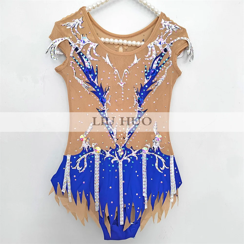 LIUHUO Rhythmic Gymnastics Leotard Aerobics Adult Women Girl Costume Performance Competition Dance Dress Blue Sleeveless Teens