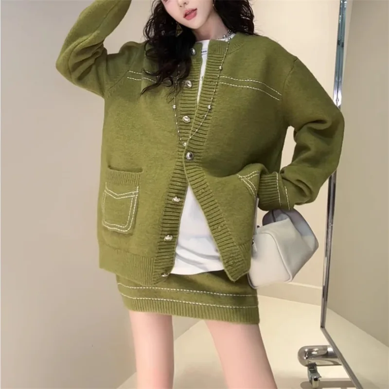

Advanced Style New Fashionable Suit Three-dimensional Design Single Breasted Cardigan Sweater Short Skirt Knitted Two-piece Set