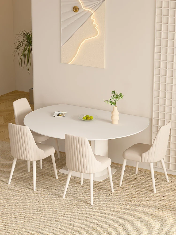 Stone Plate Dining Table round Table Modern Minimalist French Cream Style Retractable Dining Table and Chair Home