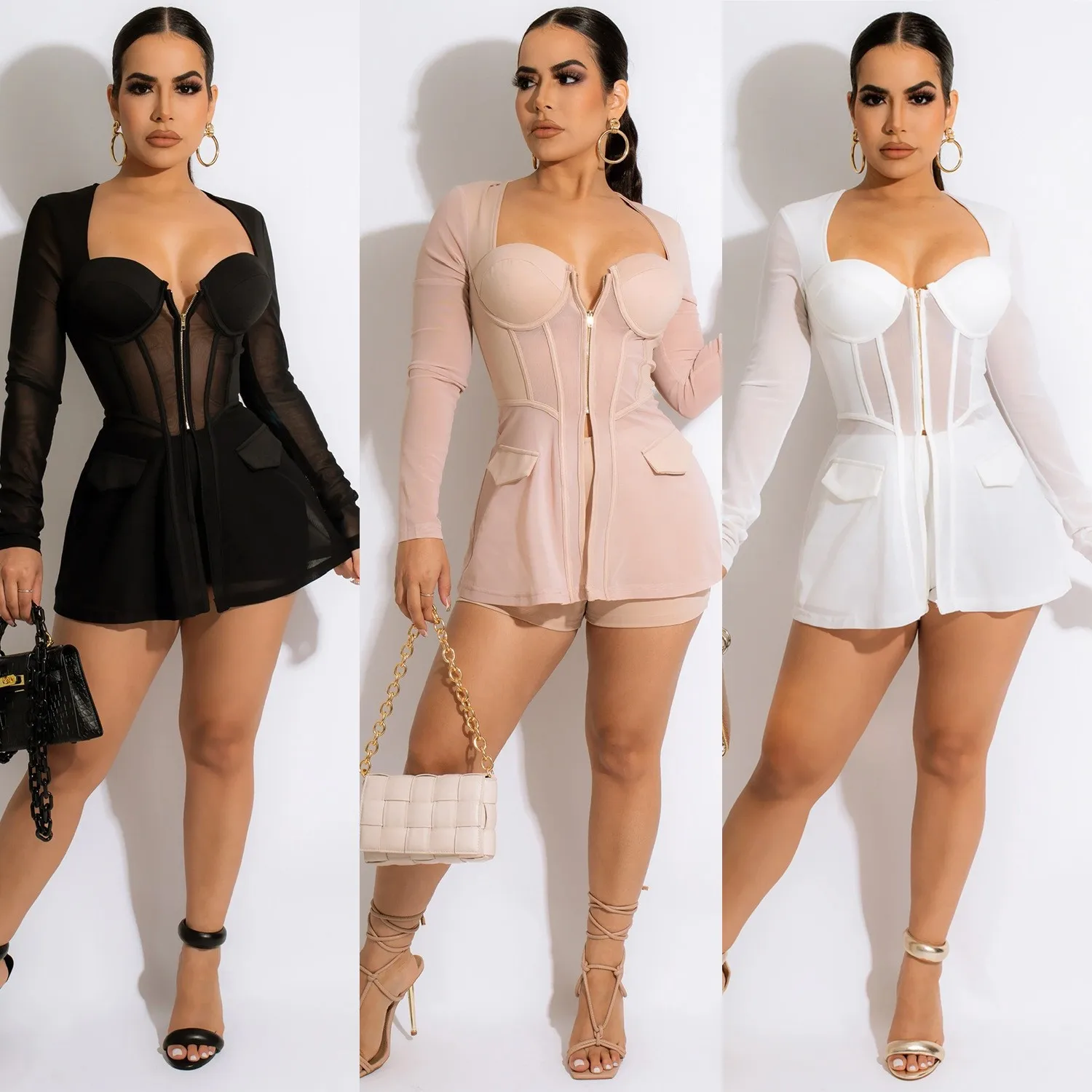 

Women's Clothing Summer Solid Color Fashionable And Sexy Mesh Perspective Square Collar Splicing Long-sleeved Two-piece Set