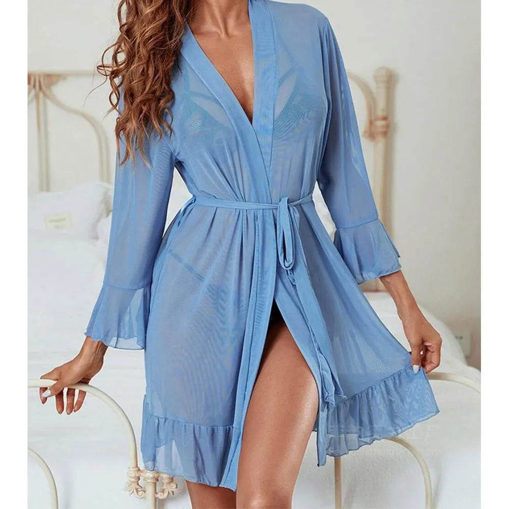 

Sexy mesh perspective ruffled cardigan pajamas set for women with lace detail suitable for daily home club vacation use