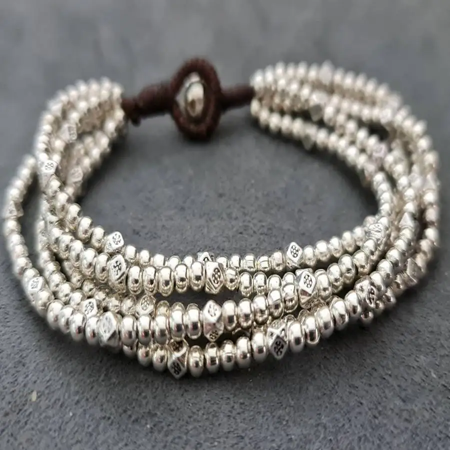 

Handmade Silver beads five rows bracelet, men's cuff button bracelet, Ramadan prayer bead bracelet,holiday gift, daily wear