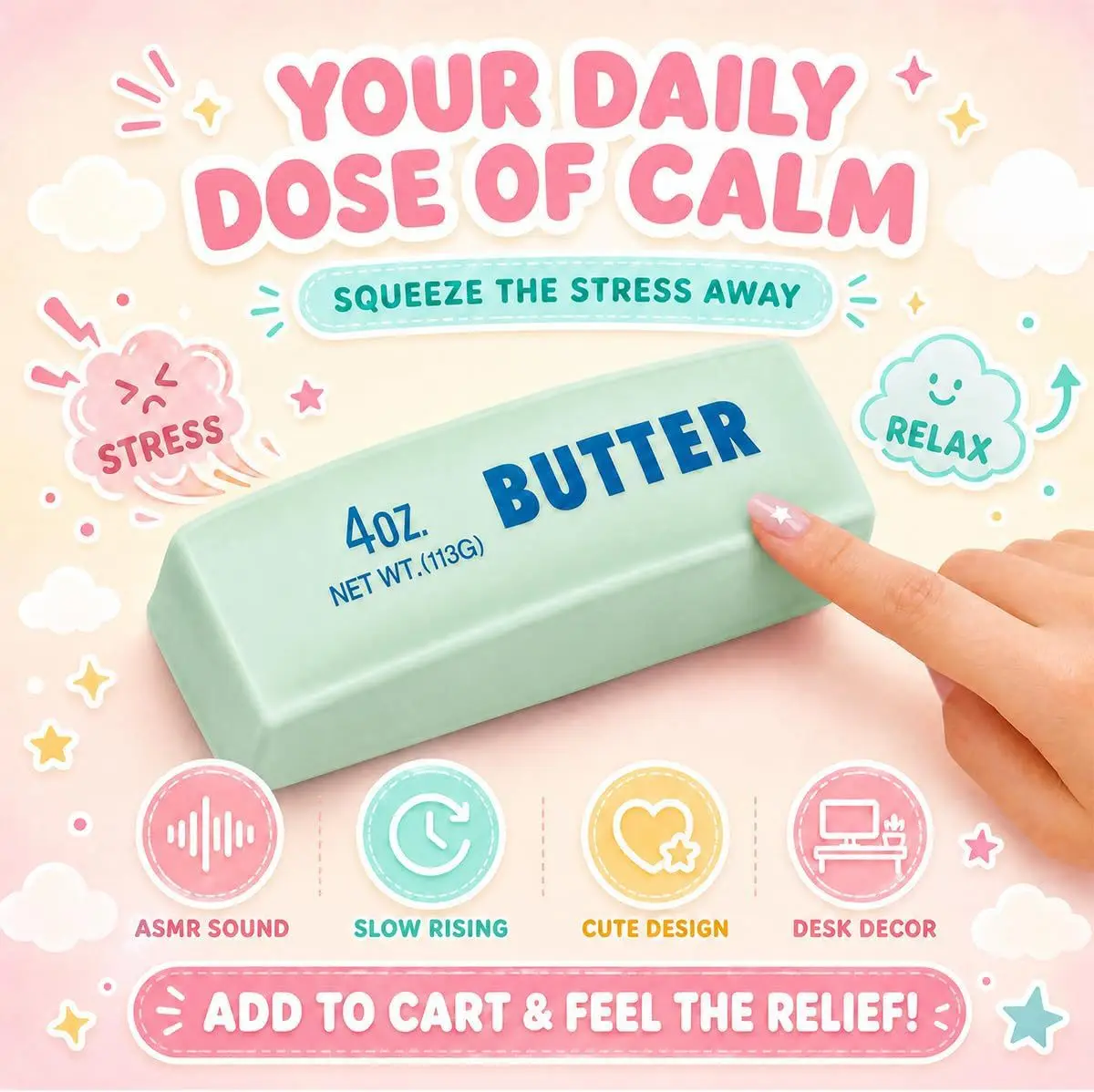 Crunchy ASMR Butter Stick Squishy Toy Blocks Filled Simulation Food Squeeze Fidget Toy Anti‑Stress Hand Relax Decompression Toy