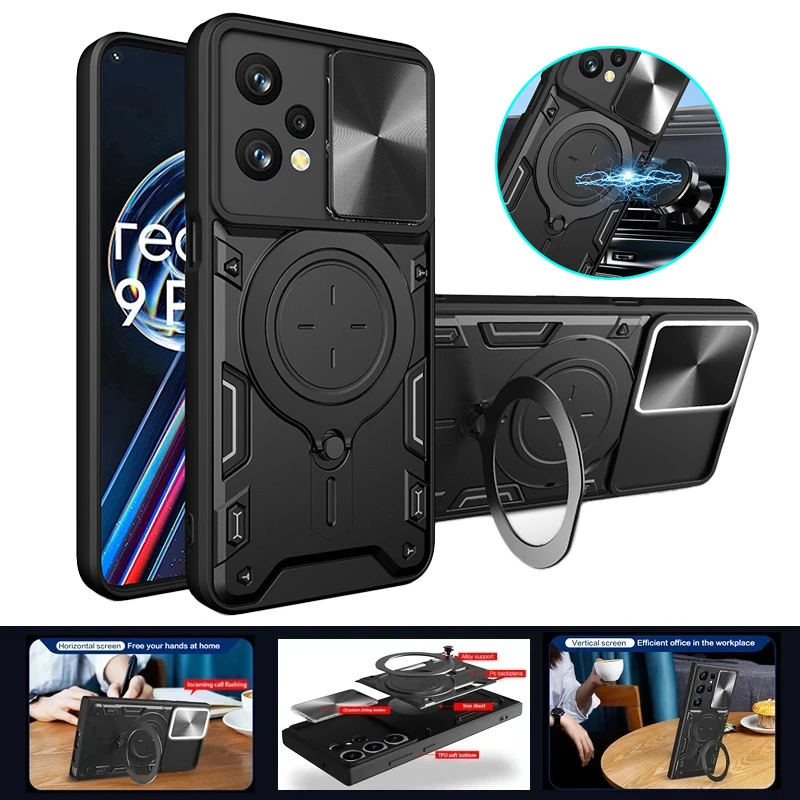 For Realme 9 Pro 5G Case Slide Camera Shockproof Armor Phone Case For OPPO Realme9 Realme V25 5G Magnetic Ring Holder Back Cover