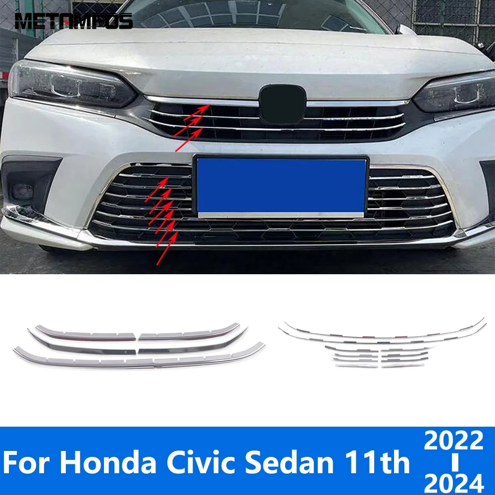 

Аксессуары для Honda Civic Sedan 11 2022 2023 2024, решетка переднего бампера из нержавеющей стали, гоночная решетка, молдинговая отделка, Стайлинг автомобиля