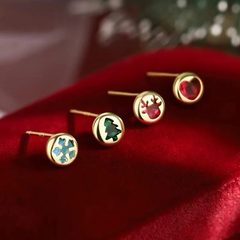 

Real 925 Sterling Silver Zircon Christmas Tree Milu Deer Snowflake Heart Stud Earrings For Women Fine Jewelry Exquisite Gift