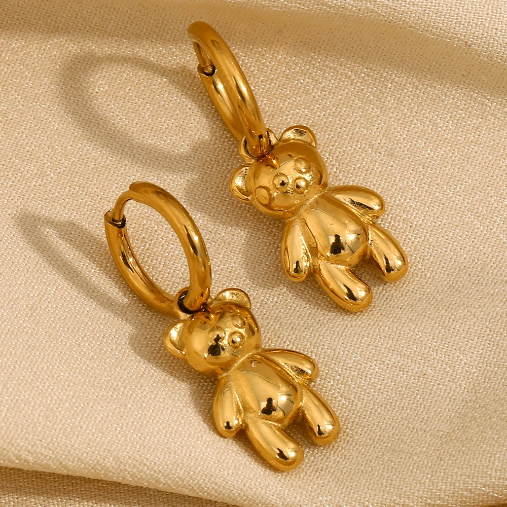 MamacitaSlay Lovely Little Bear Charm 14mm Hoops Hoop earrings 18K Gold Plated Waterproof luxury stainless steel jewelry