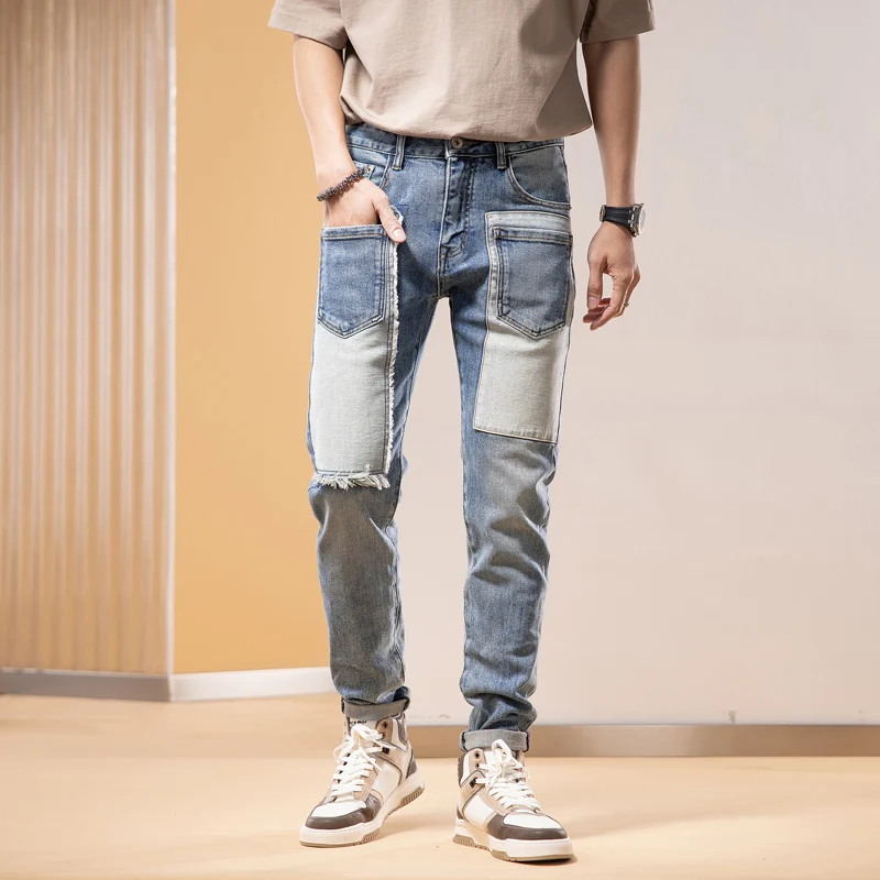 Street Fashion Men Jeans Retro Blue Elastic Stretch Skinny Fit Patched Ripped Jeans Men Spliced Designer Hip Hop Pants Hombre