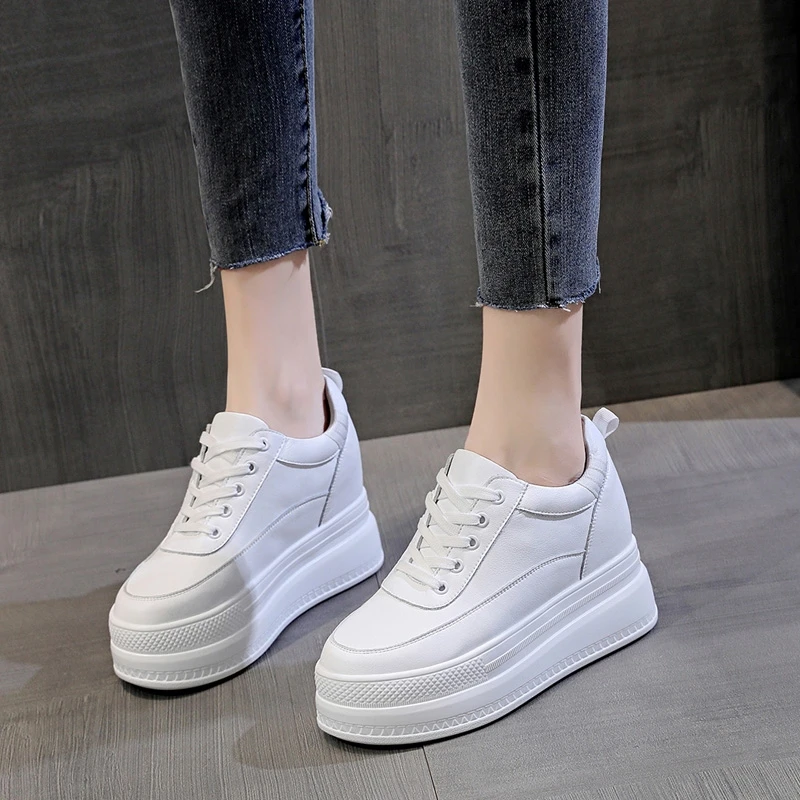 Women's White Platform Sneakers Casual Breathable Lace-Up Shoes with Hidden Height Wedge All-Season Walking Comfort Heels