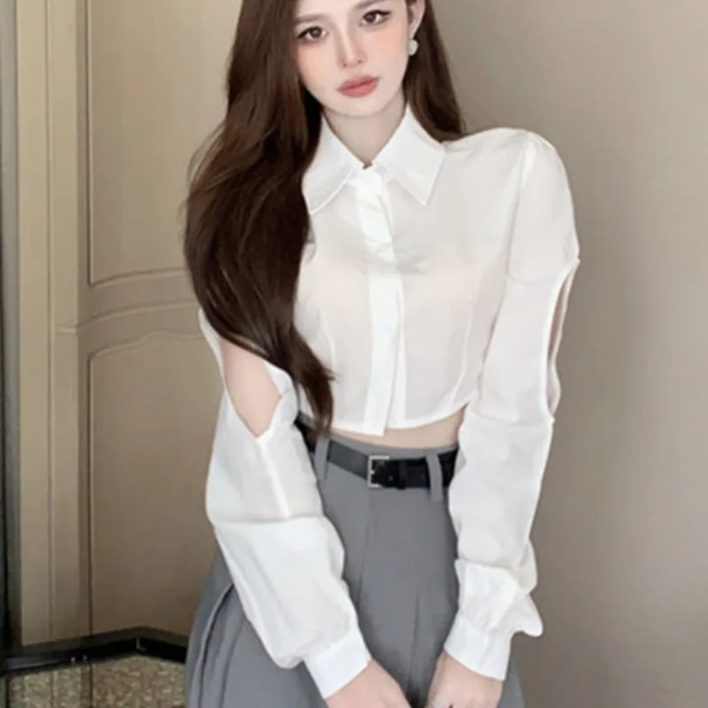 Solid Shirts for Women Korean Style Personality Design Hole Long Sleeve Turn-down Collar Hot Girls Spring Clothing Outwear Chic