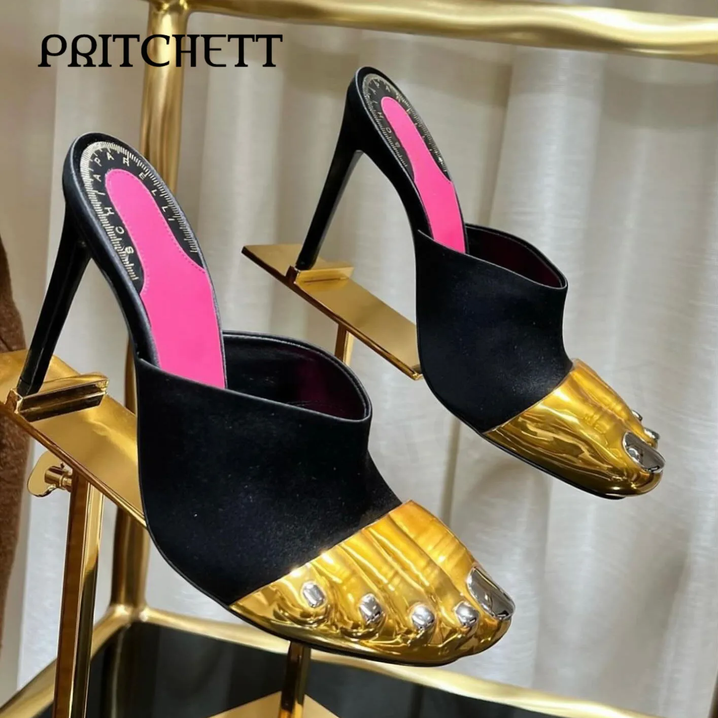 

Golden Toe Mule Slippers Black and Gold Color Matching Stiletto Heels Empty Back Sandals Novel Design Fashionable Women's Shoes