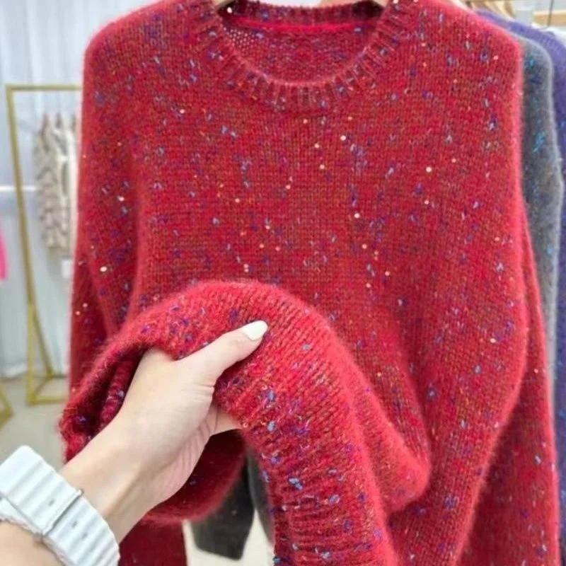 New Korean Fashion Sequin Cashmere Sweater Women Vintage O-Neck Long Sleeve Casual Loose Bottoming Knitted Pullover Top Female