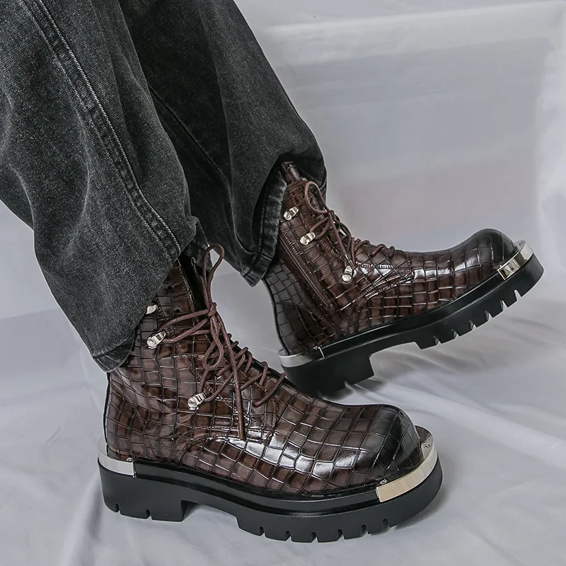 Men Ankle Boots Leather Platform Boots Motorcycle Shoes High-top Rubber Soles Lace Up Punk Men Boots Fashion Metal Decoration
