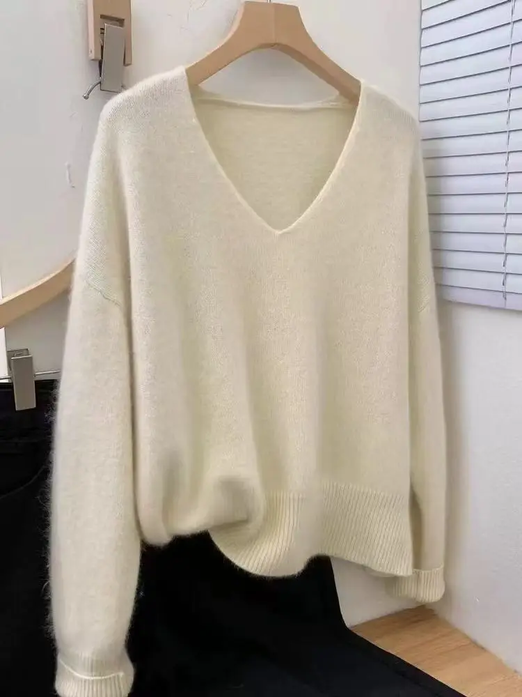 

New Product Release: 100% Merino Wool Knitted Sweater Women's V-neck Pullover, Casual Loose Tops Fashion Korean Women's Clothing