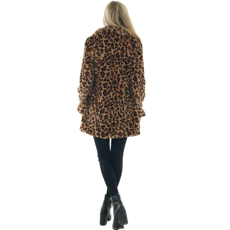 Women's Winter Female Leopard Print Loose Fit Midi Coat Wrinkle-Free Urban Streetwear Notched Collar Long Sleeve Medium Weight
