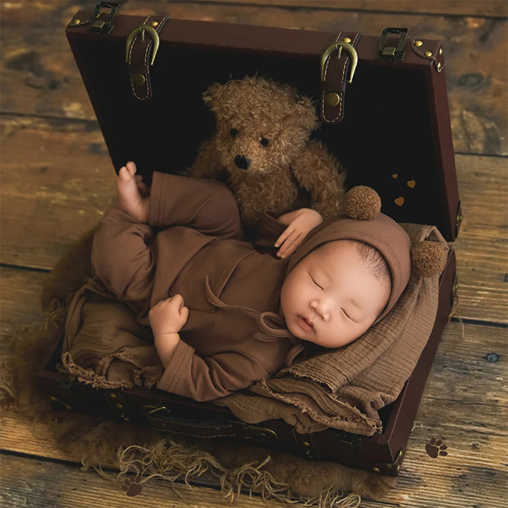 Newborn Baby Bear Outfit Soft Cotton Brown Bear Costume Adjustable Hat Photography Clothing Cute Plush Animal Comfort Doll Props