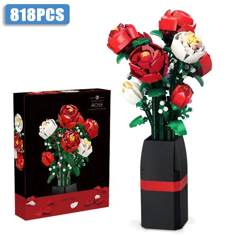 818PCS Flower Bouquet Building Block Red Rose White Rose Vase Bricks Toy Set Valentine's Day Christmas Gifts Creative Decoration