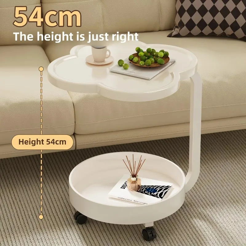 Mesa auxiliar de sofá móvil de estilo crema moderno, mesa de centro con ruedas, estante de almacenamiento, mesita de noche de plástico pequeña para balcón