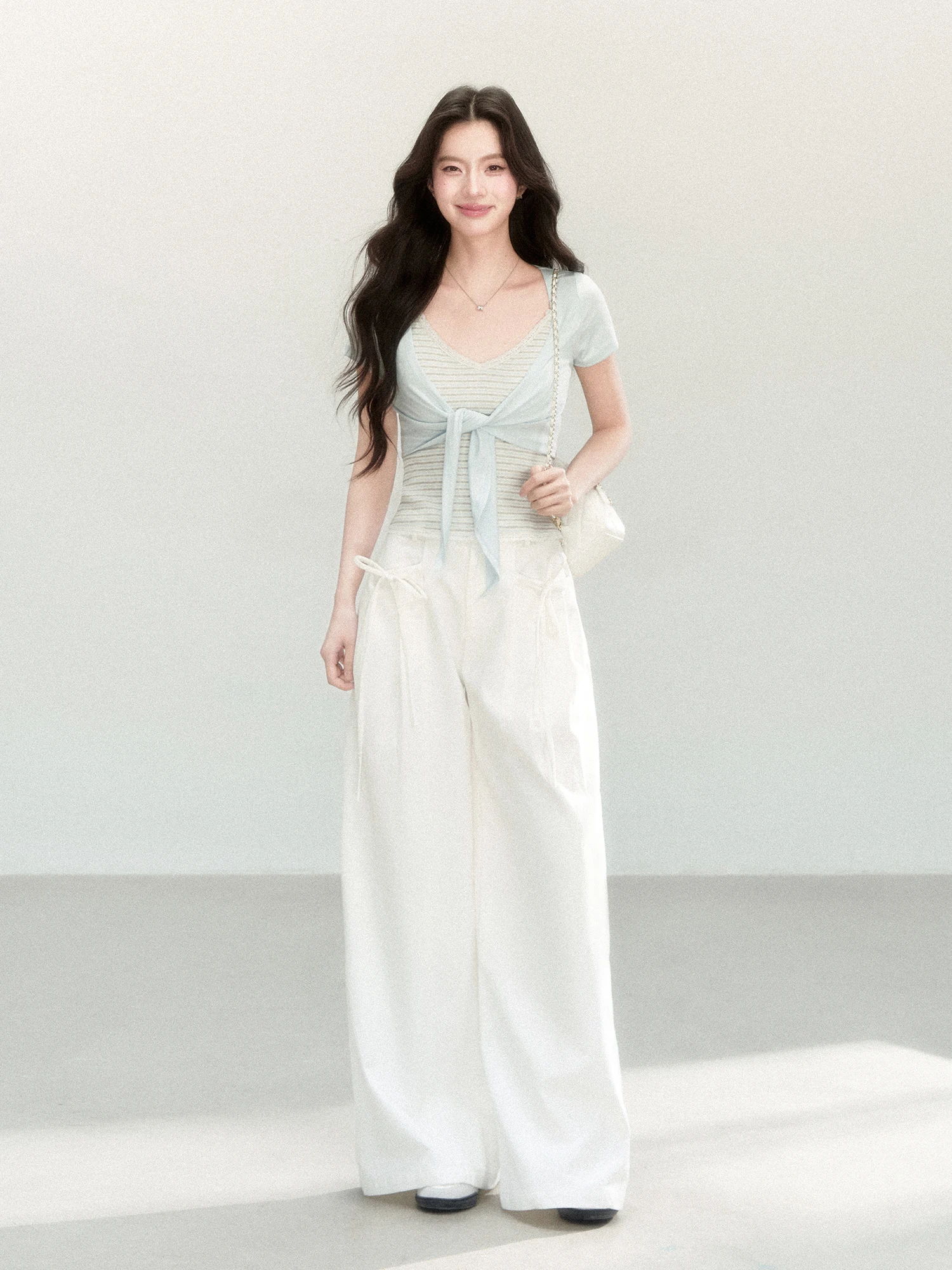 Elegant Lazy White Wide Leg Pants  Knot Tie Design High Waist Draping Casual Long Trousers Women's Fashion Casual Pants