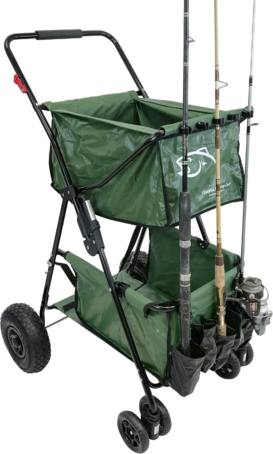 

Fishing Cart WagonHolds 5 Fishing Poles Portable - Large Air Rubber Wheels Cooler Platform Storage Pouch Folds to Fit