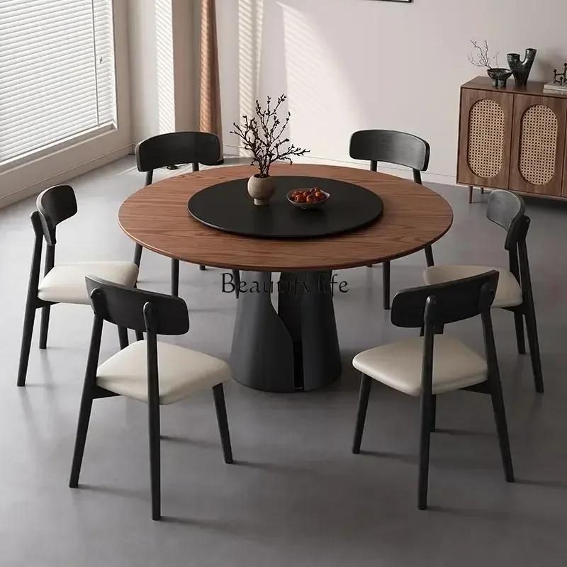 

yj58 Medieval solid wood rock slab dining table retro light luxury high-end sense with turntable round table