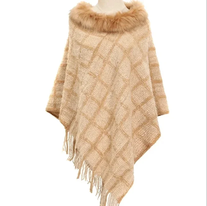 Chenille Wool Collar Cloak Hot Selling Plaid Knitted Shawl Autumn Winter Warm Large Pullover Female Girl Sweater Coat Beige