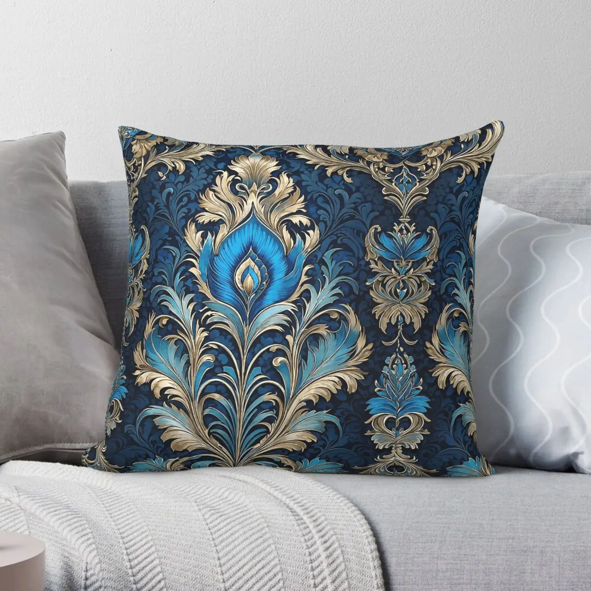 Blue Gold Peacock Feather Square Pillowcase Polyester Linen Velvet Pattern Zip Decorative Room Cushion Cover Wholesale